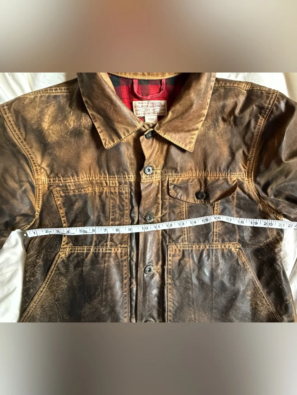 Filson USA Made Plaid Lined Tin Cloth Short Cruiser Jacket - Heavy Patina M